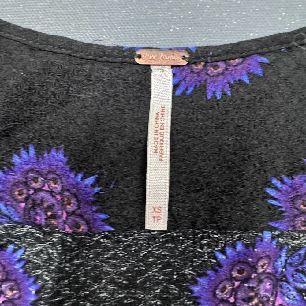 Free People Women's XS Black Purple Floral Boho Babydoll Tunic Mini Dress Rayon